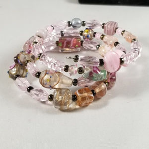 Pink Clear Beaded Memory Wire Bracelet